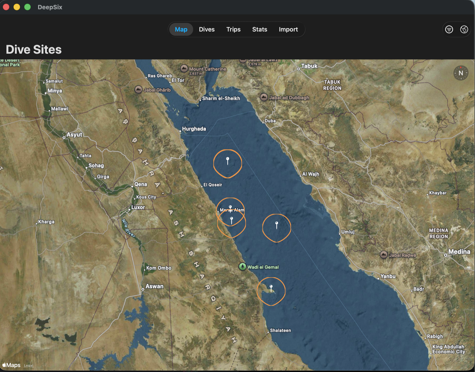 Interactive dive site map showing locations across the Red Sea