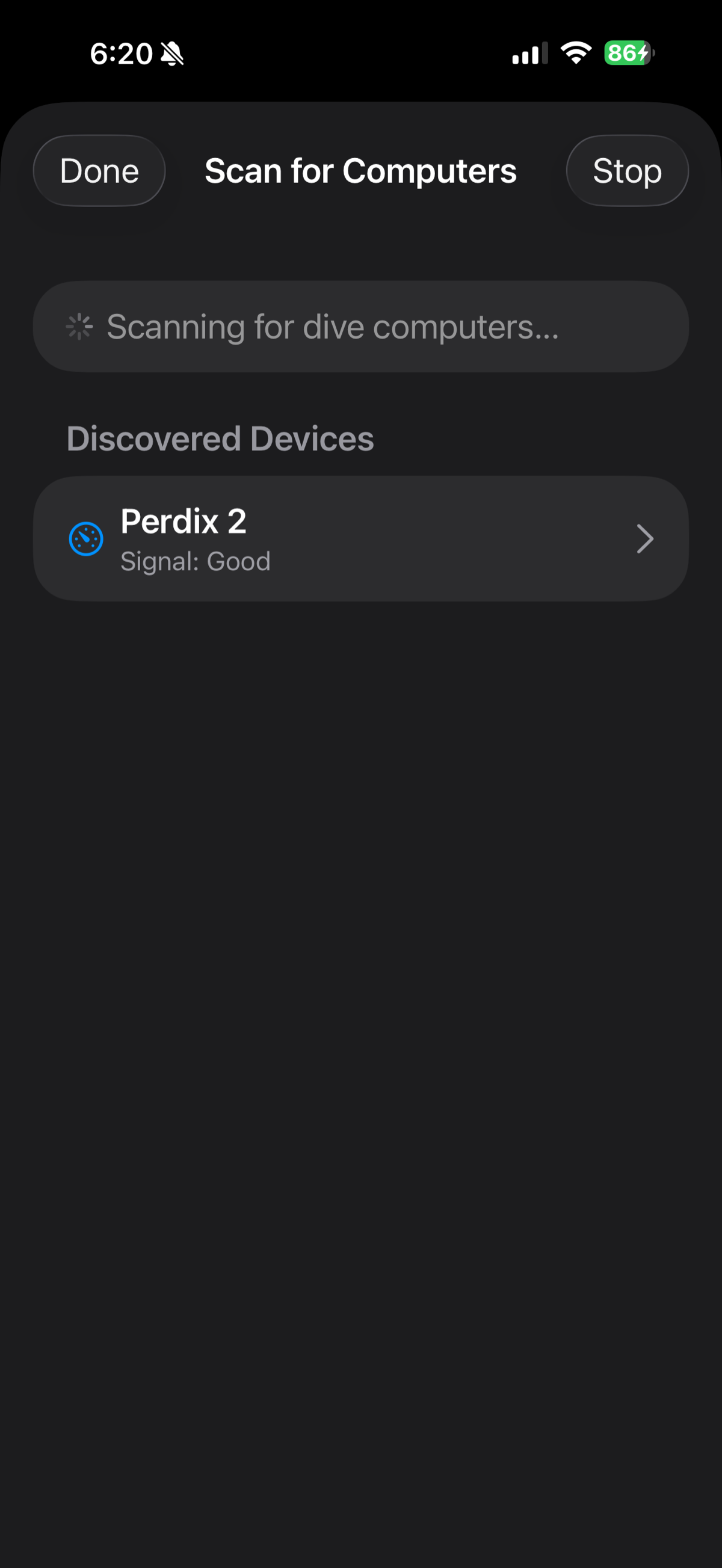 DeepSix scanning for dive computers with Perdix 2 discovered