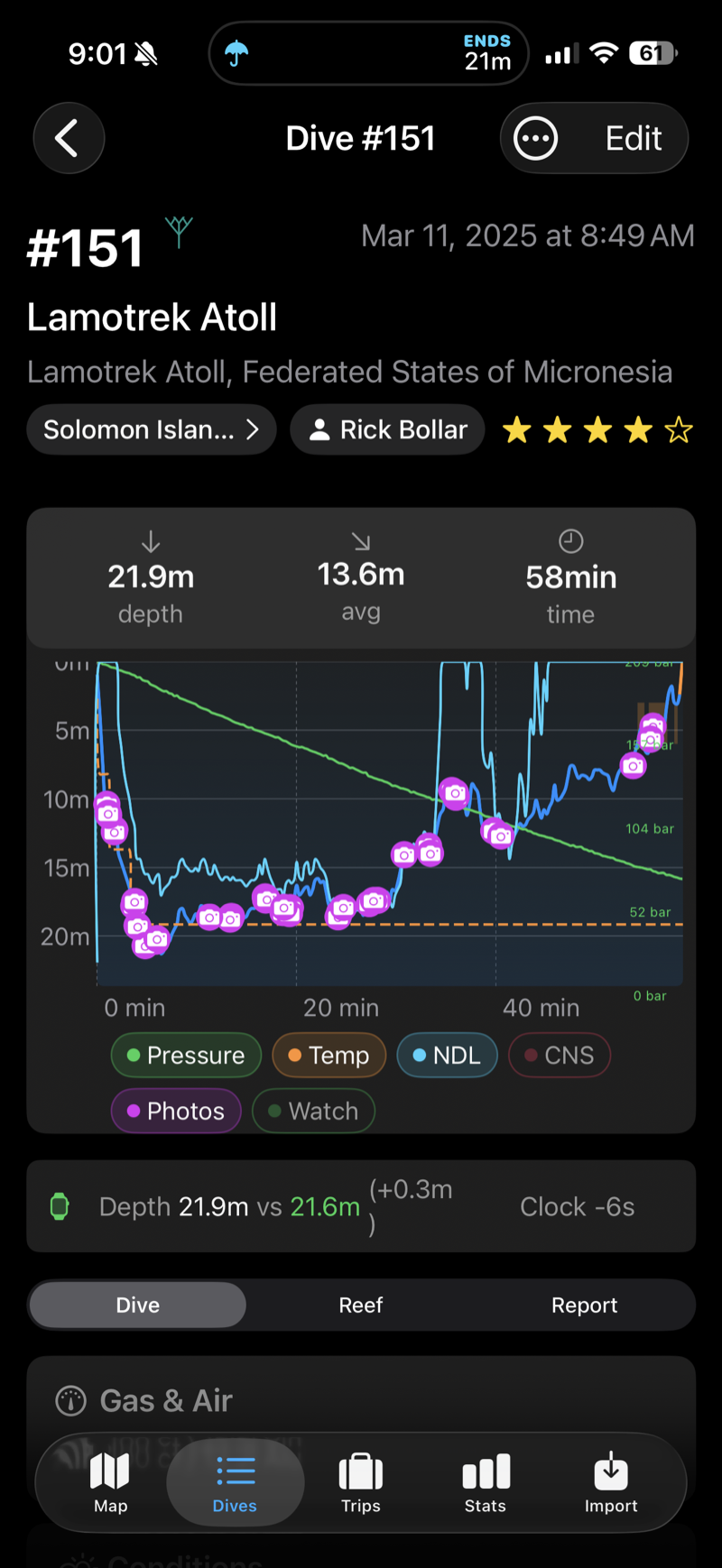 DeepSix on iPhone showing dive detail with depth profile