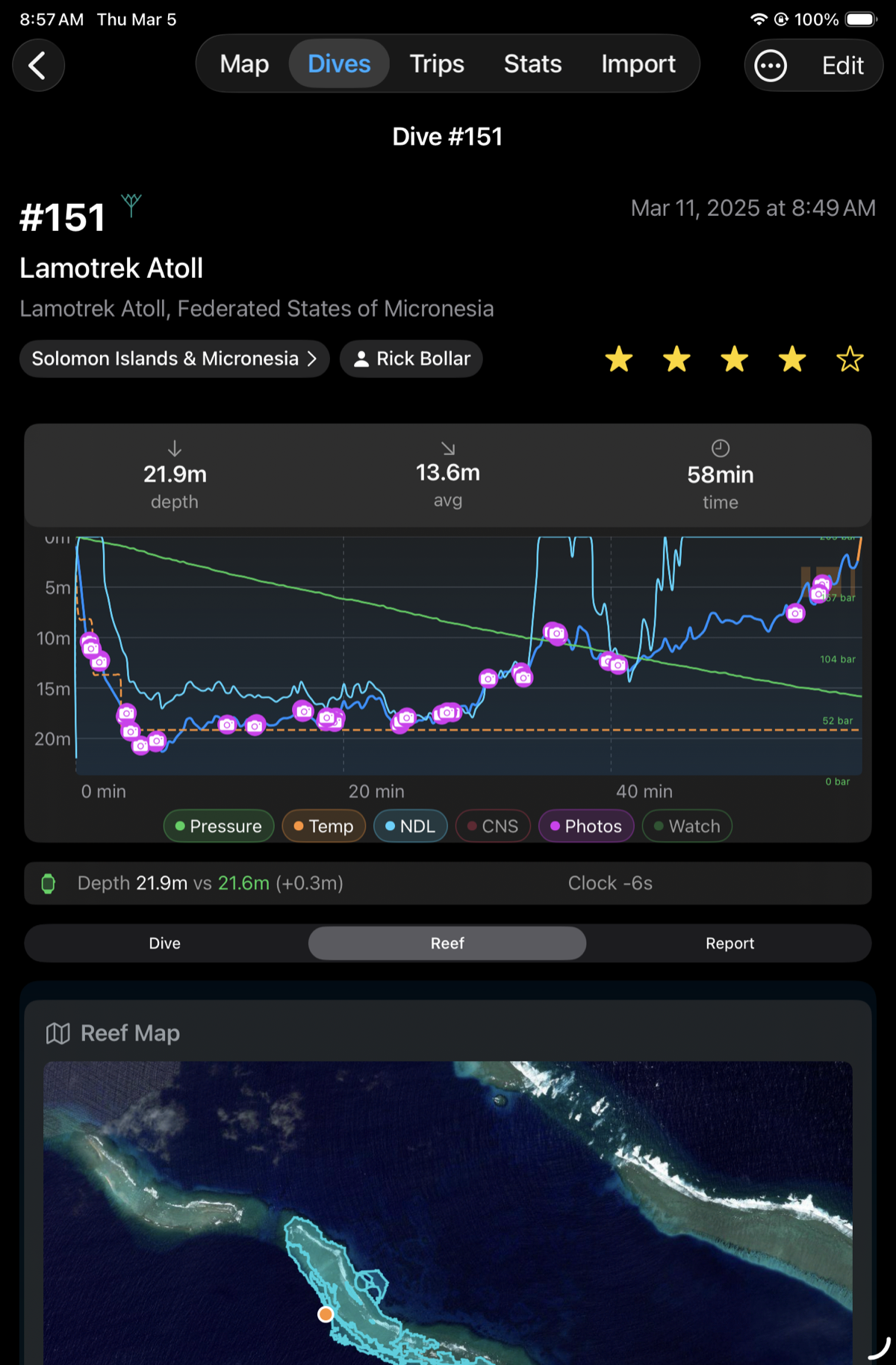 DeepSix on iPadOS showing dive detail with depth profile