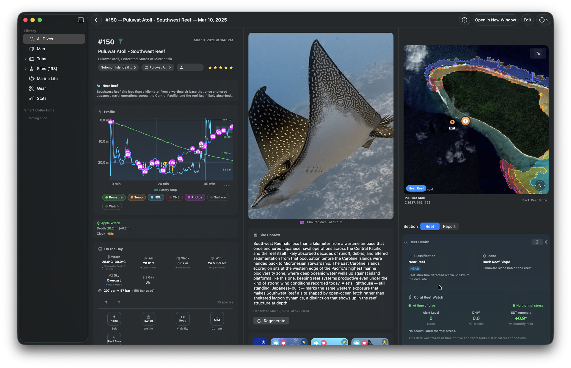 DeepSix Dive Log on macOS — dive #150 at Puluwat Atoll: the dive profile with photos placed at depth, an eagle ray photo, an AI-written site-context note, and the Allen Coral Atlas reef-zone overlay with entry and exit GPS pins.