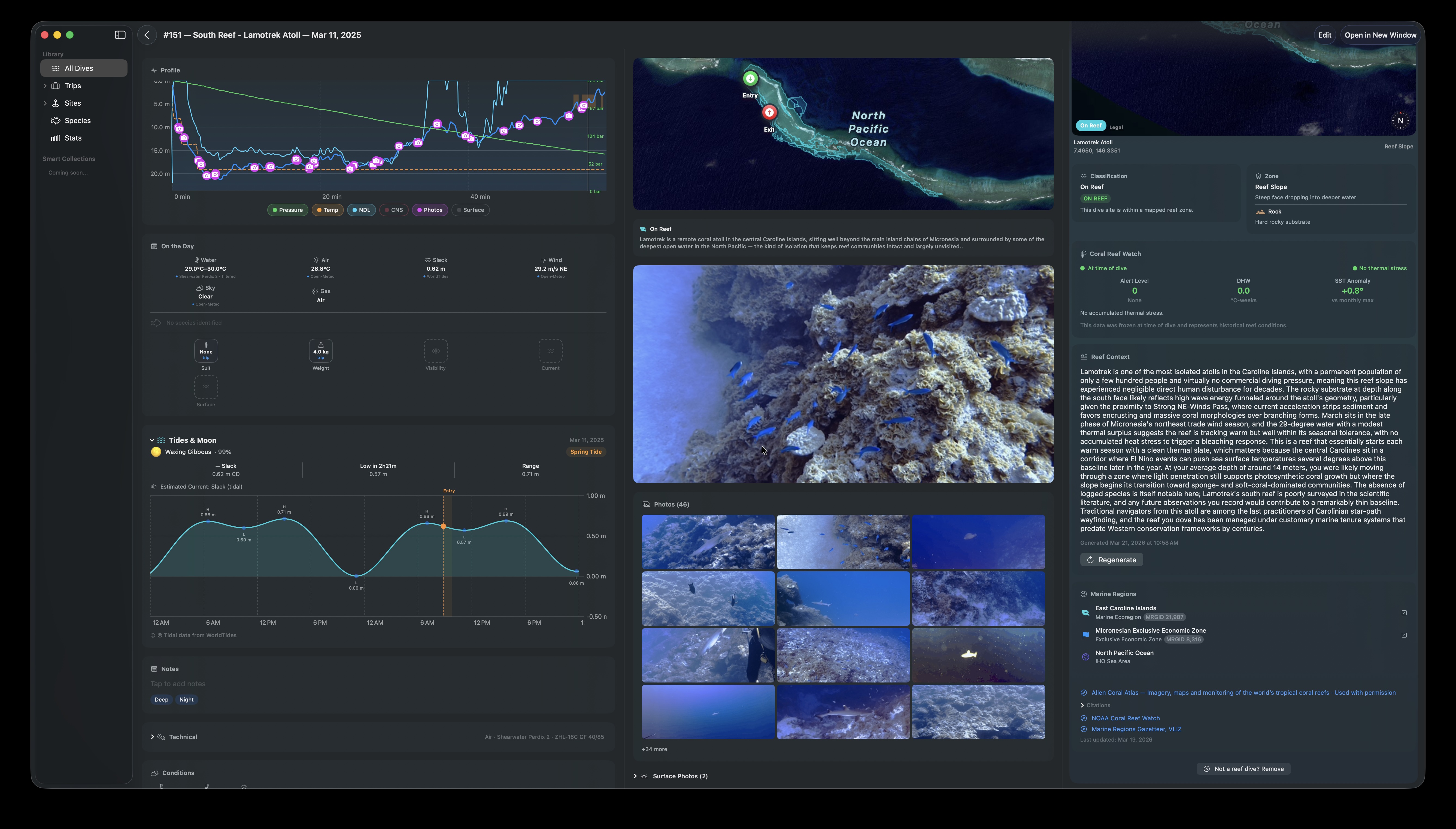 DeepSix on macOS showing dive detail with depth profile and reef map