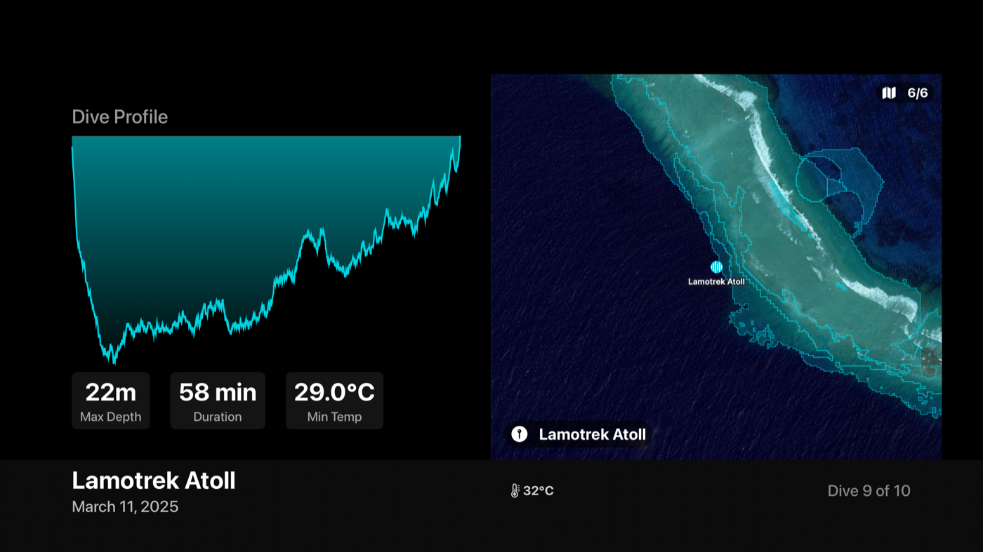 DeepSix on Apple TV showing dive profile and satellite map of Lamotrek Atoll