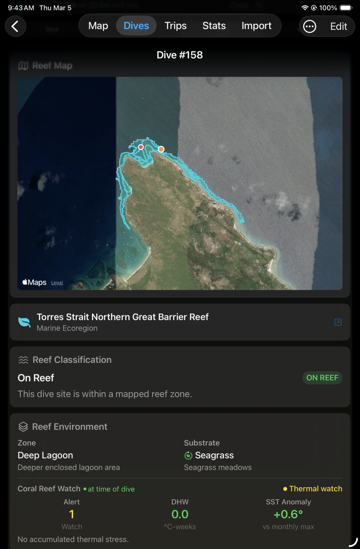 DeepSix reef tab showing Allen Coral Atlas map with teal polygon boundary, reef classification, geomorphic zone, benthic substrate, and NOAA Coral Reef Watch data for Lizard Island