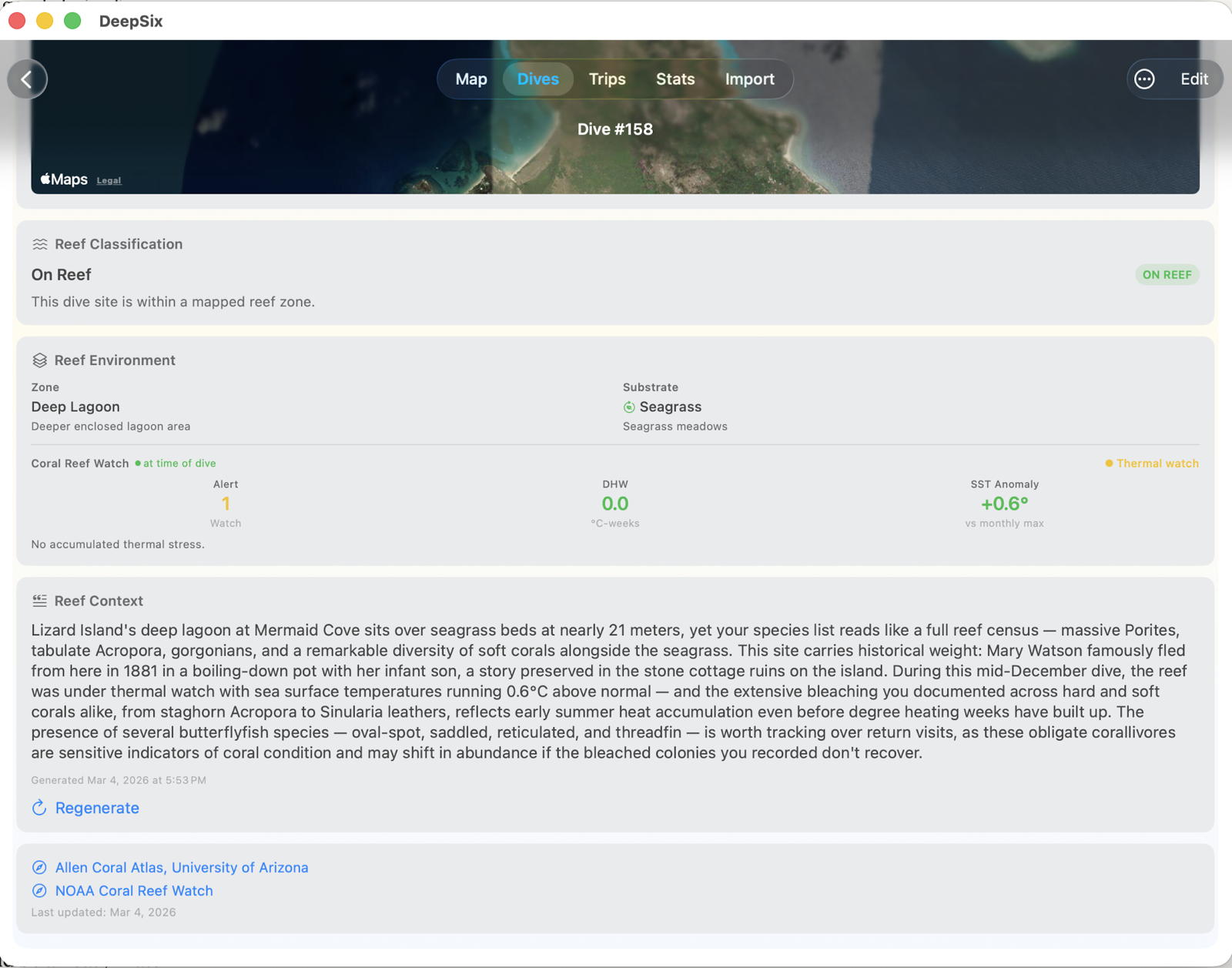 AI-generated reef context narrative with ecological and historical information