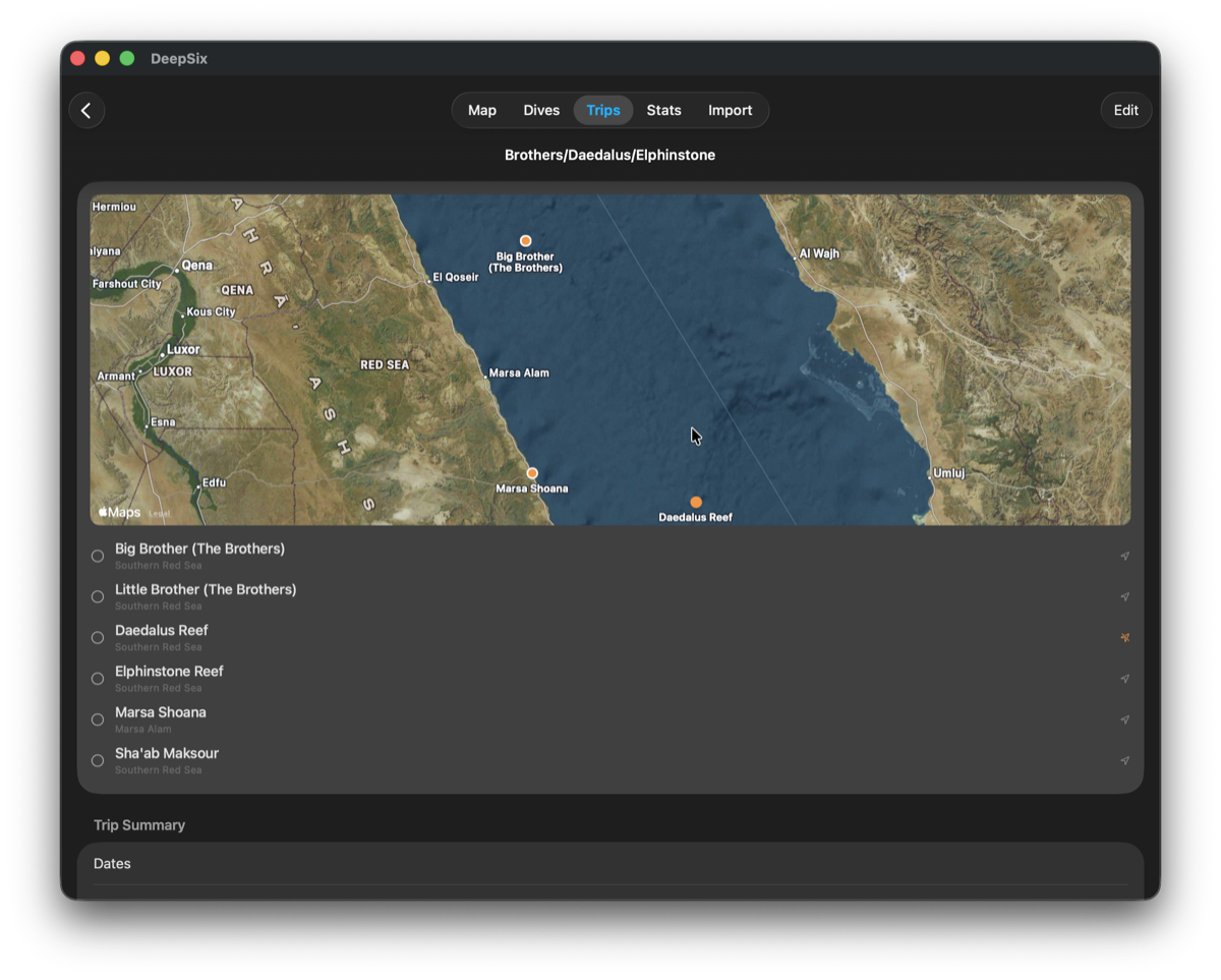 Apple Maps showing 6 dive sites in the Southern Red Sea — Big Brother, Little Brother, Daedalus Reef, Elphinstone Reef, Marsa Shoana, Sha'ab Maksour
