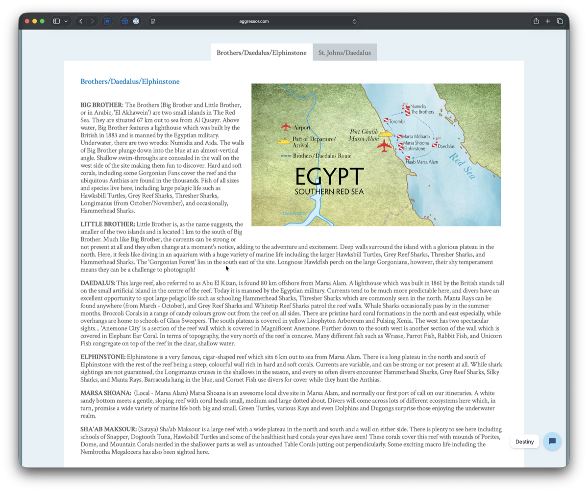 Aggressor Fleet Brothers/Daedalus/Elphinstone itinerary page with dive site map and chat widget labeled Destiny
