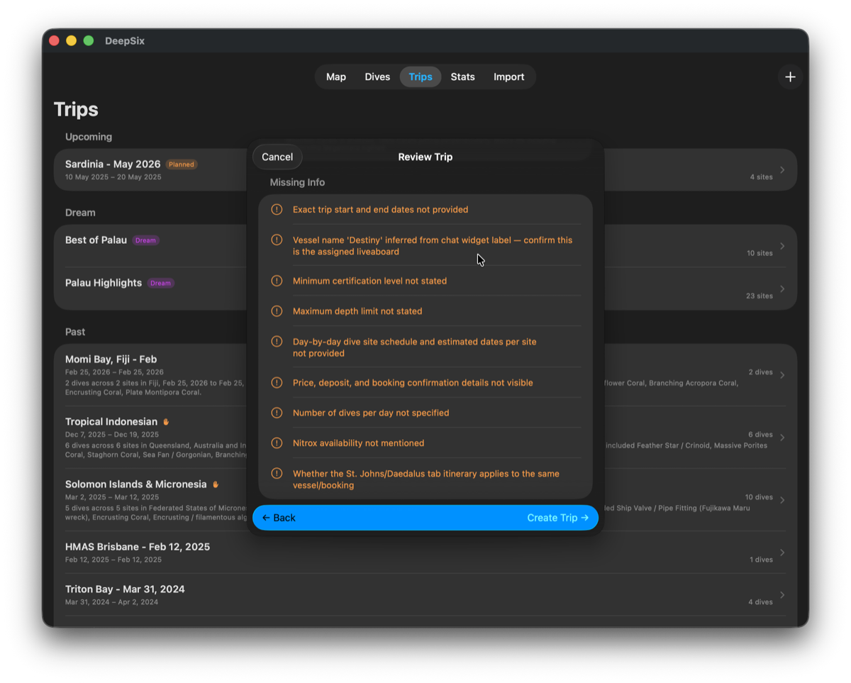 DeepSix Missing Info panel showing 9 questions generated from the Aggressor screenshot including vessel name inference from chat widget
