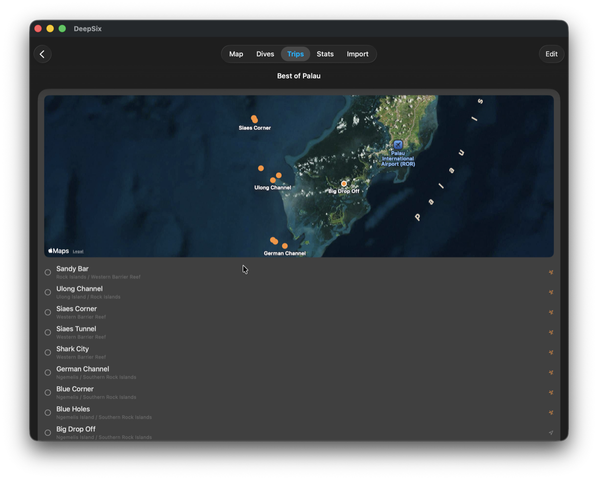 DeepSix Palau Highlights trip showing 23 orange pins on Apple Maps satellite imagery of Palau