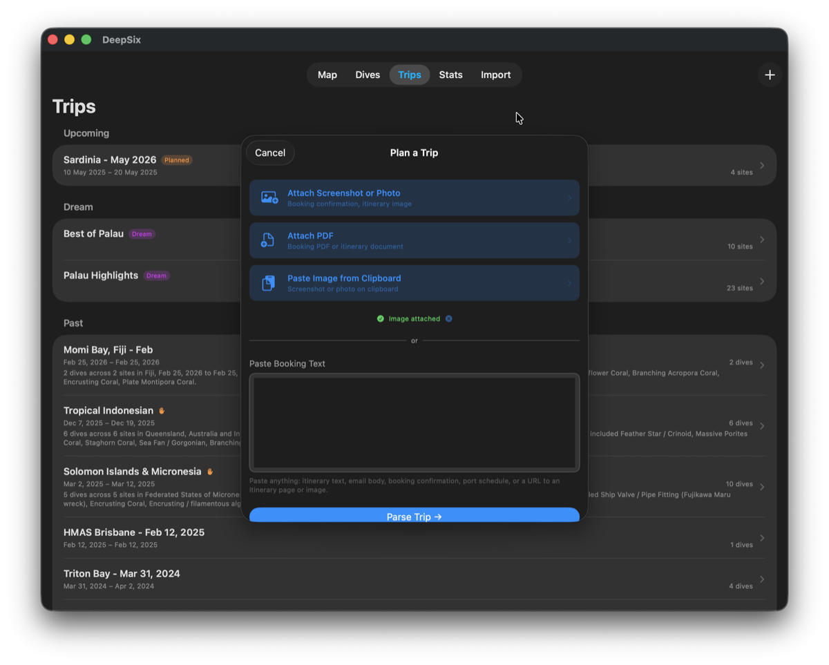 DeepSix Plan a Trip dialog with screenshot attached showing green confirmation dot and text input field