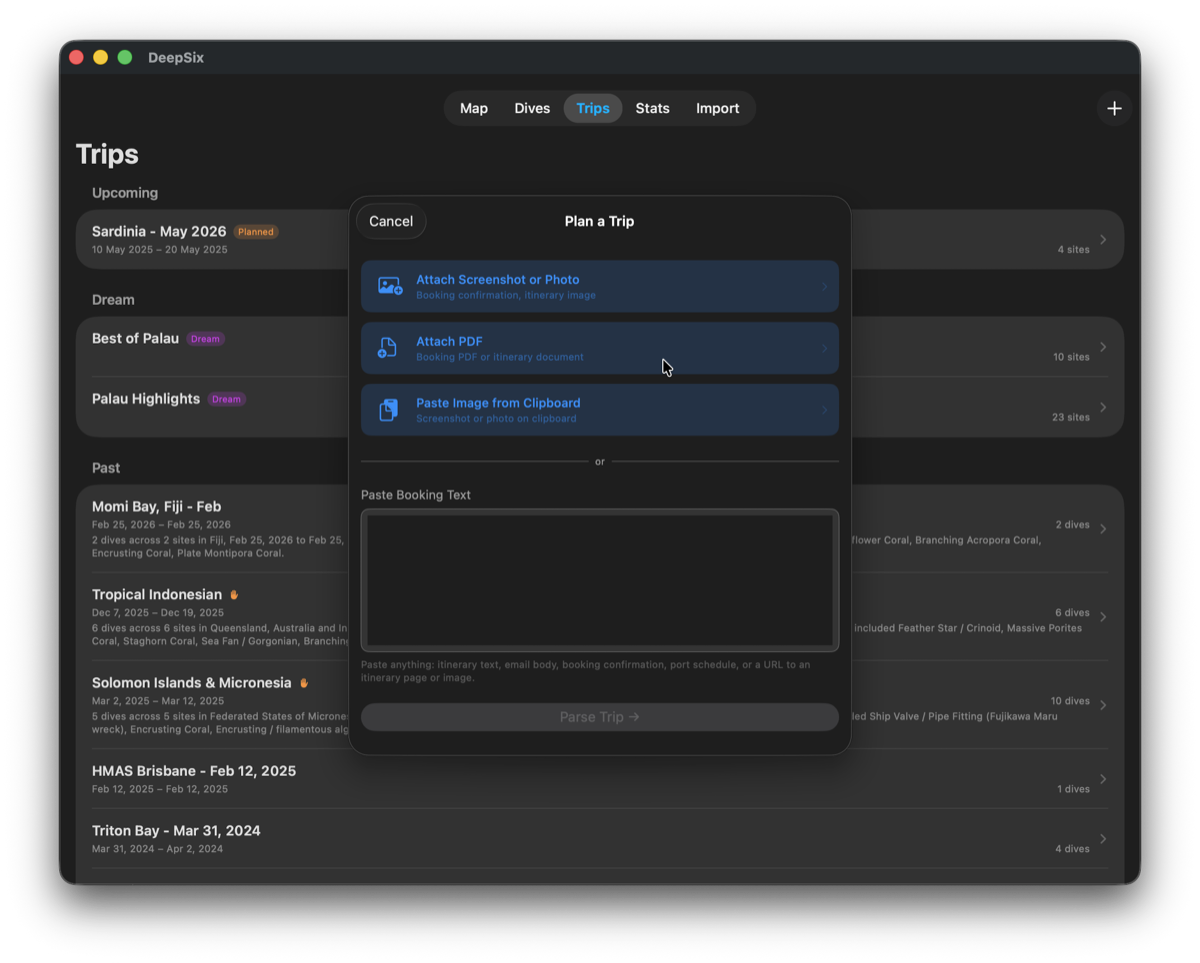 DeepSix Trips list showing Upcoming planned trips with dates and Dream wishlist destinations