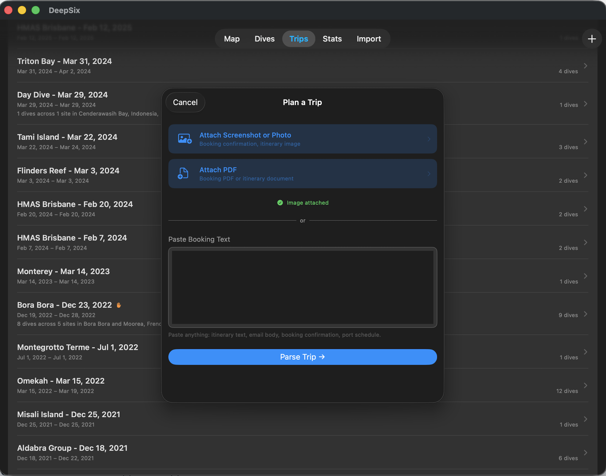 Trip planner dialog for parsing itineraries from images, PDFs, or text
