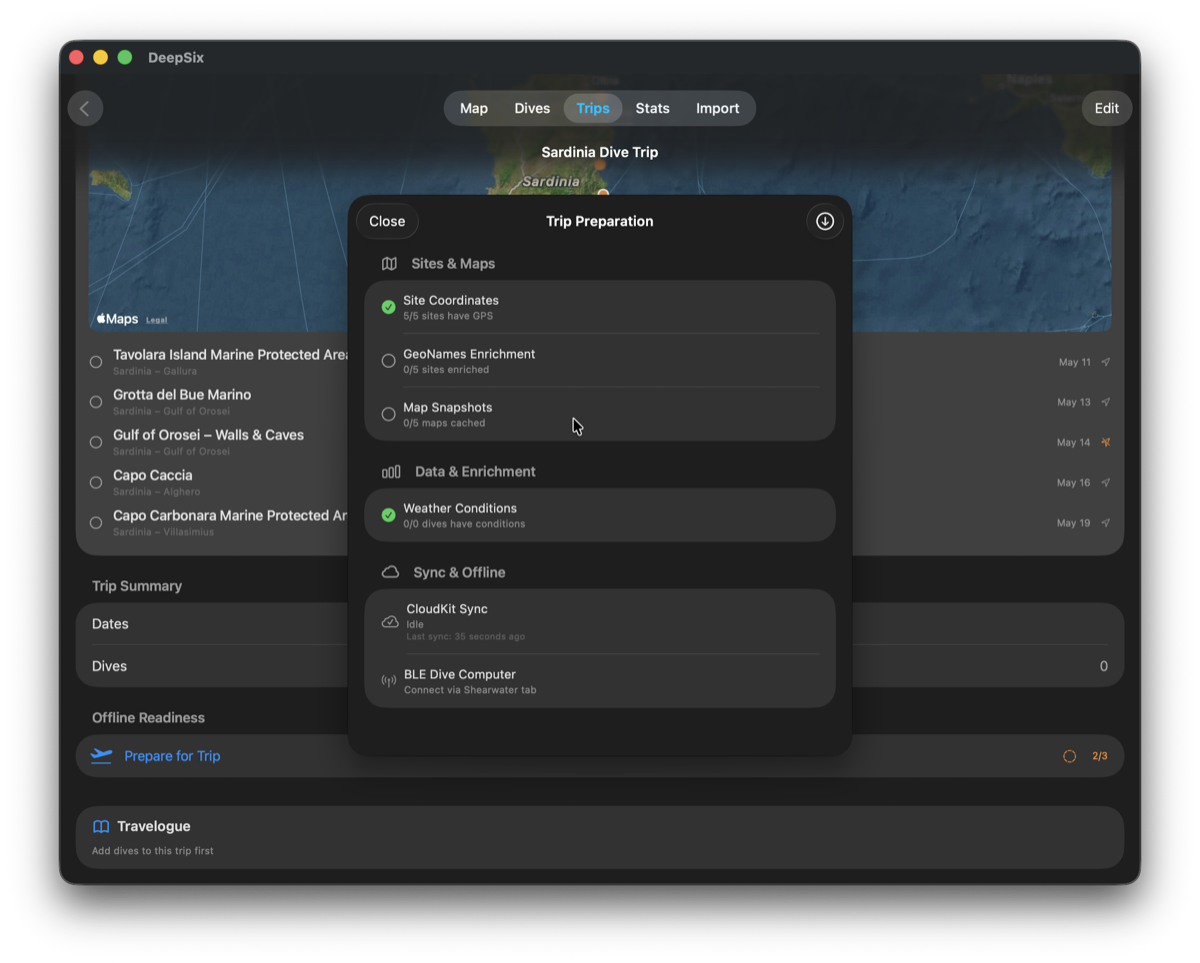 DeepSix Trip Preparation panel showing site coordinates resolved, GeoNames enrichment and map snapshots pending