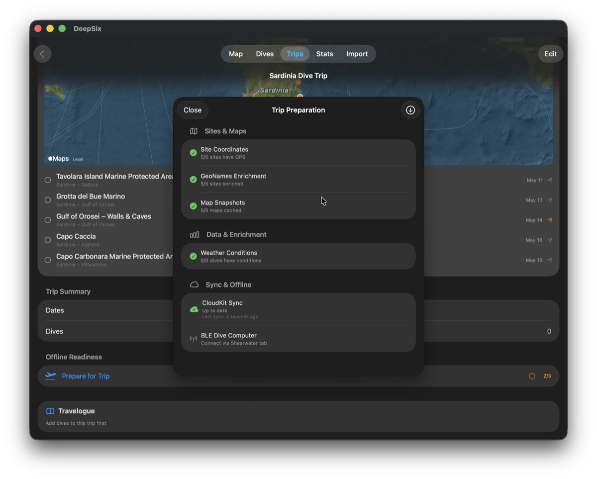 DeepSix Trip Preparation panel showing 5/5 enriched, 5/5 maps cached, CloudKit synced, offline-ready